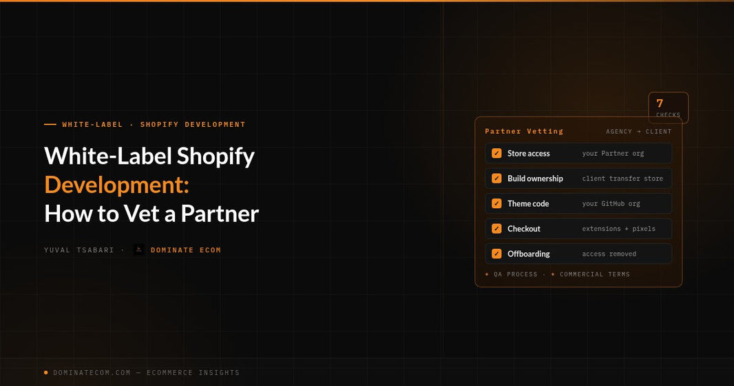 White-Label Shopify Development: How to Vet a Partner. Dark Dominatecom header with a partner vetting checklist covering store access, build ownership, theme code, checkout, and offboarding.
